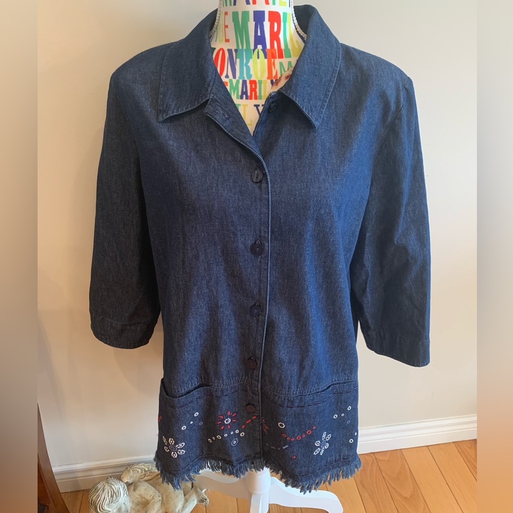 Allison Daley 100%Cotton Blue Denim shirt/Jacket with Embroidery and Raw Hem